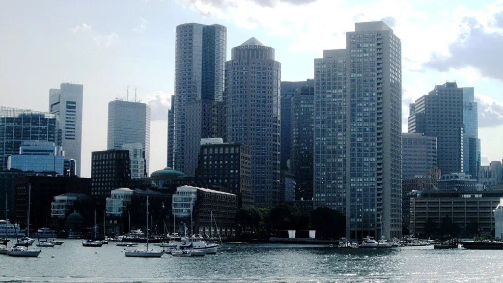 Boston waterfront buildings viewed from Boston Harbor