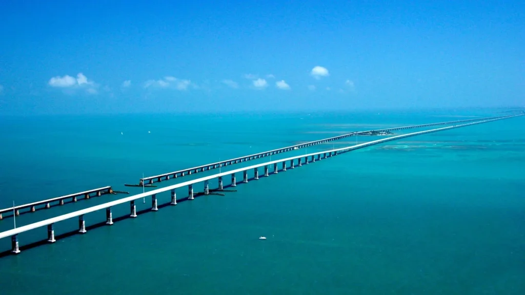 Aerial view of Seven Mile Bridge and the parallel historic bridge in the Florida Keys