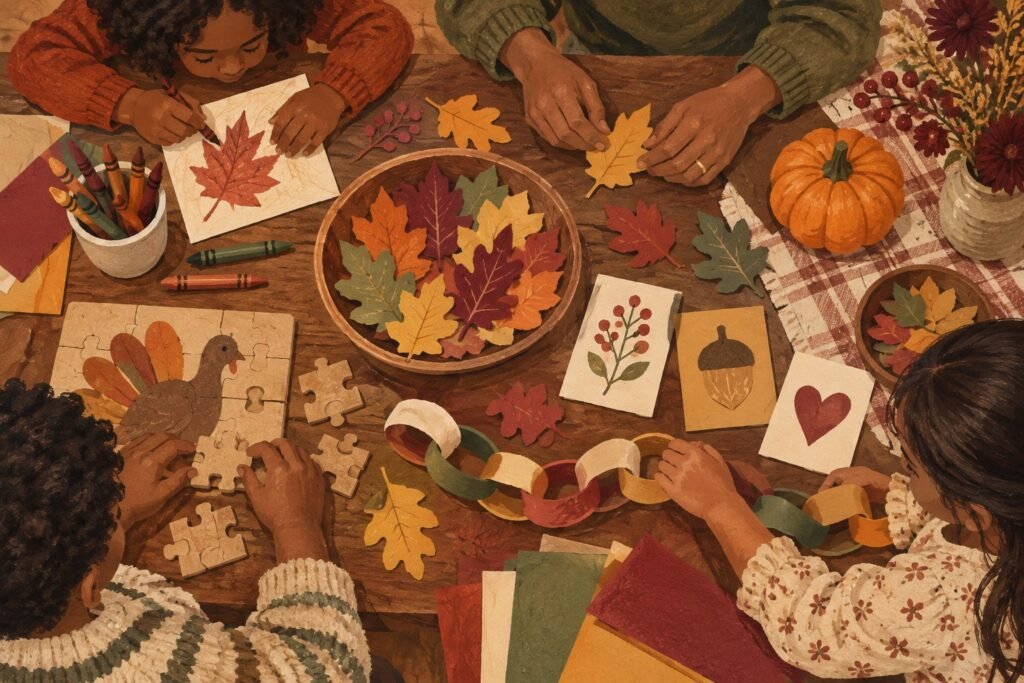 Illustration of a family making paper leaves, drawings and a gratitude chain