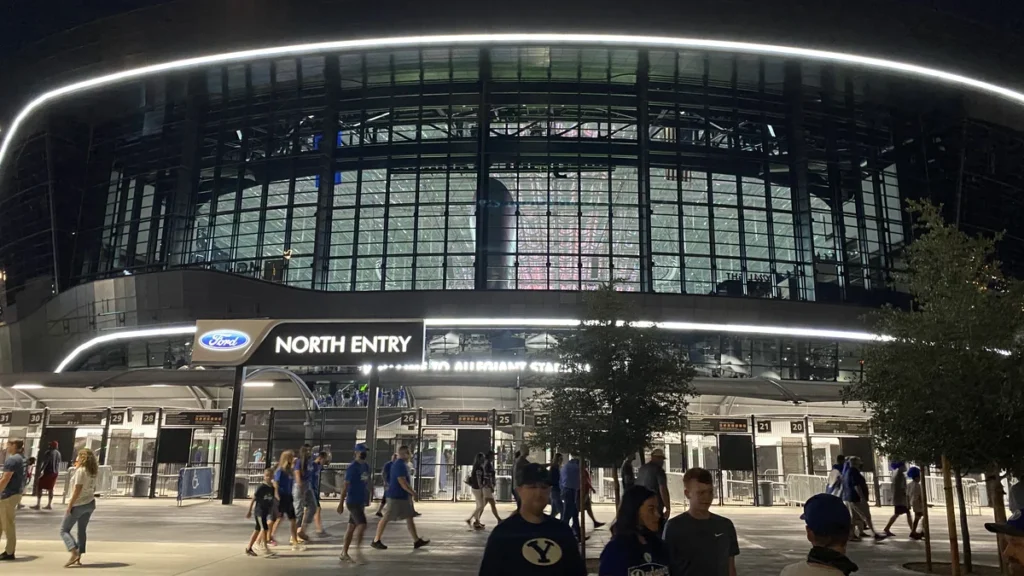 Exterior of Allegiant Stadium in the Las Vegas area at night