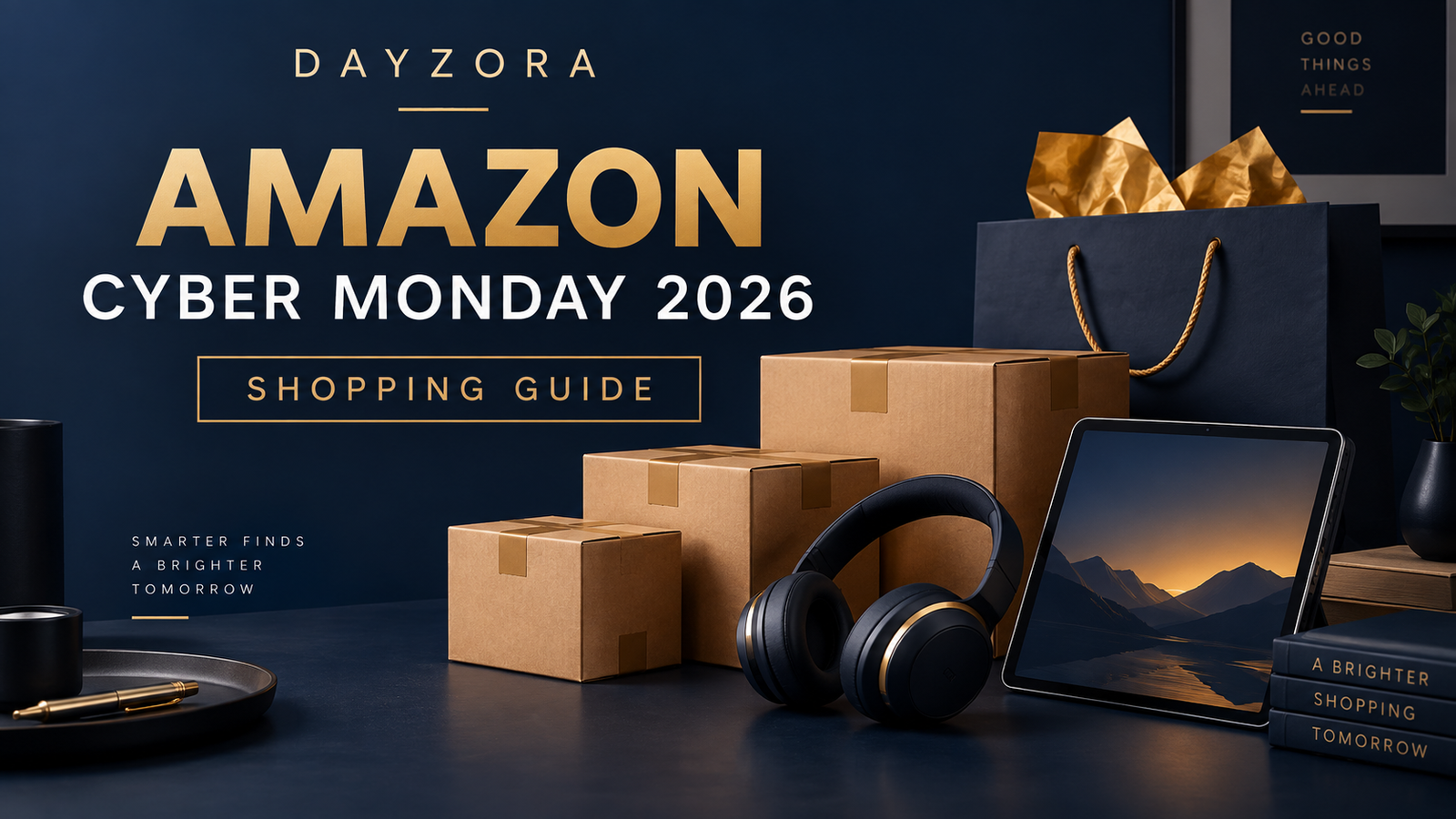 DayZora Amazon Cyber Monday 2026 shopping guide with parcels, headphones and a tablet.