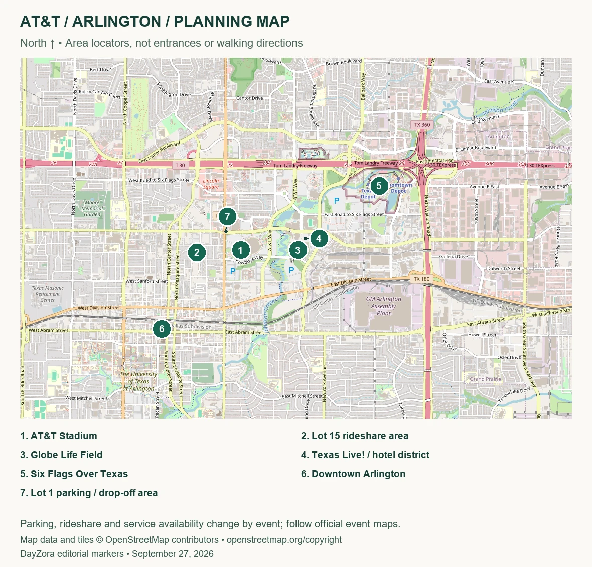 AT&T Stadium area map with nearby transport, parking areas, hotel areas and landmarks