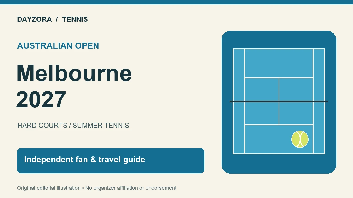 Abstract tennis court and ball beside Melbourne 2027 lettering