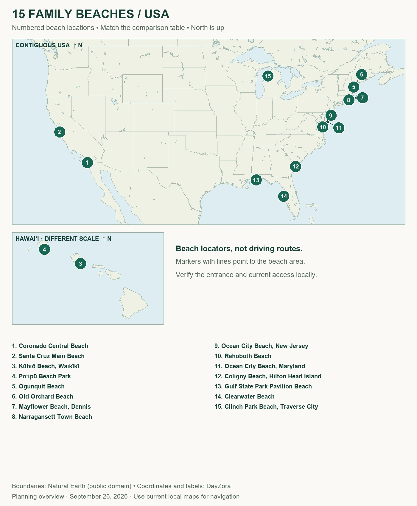 15 Best Family Beaches in the USA for Kids & Parents numbered beach locator map