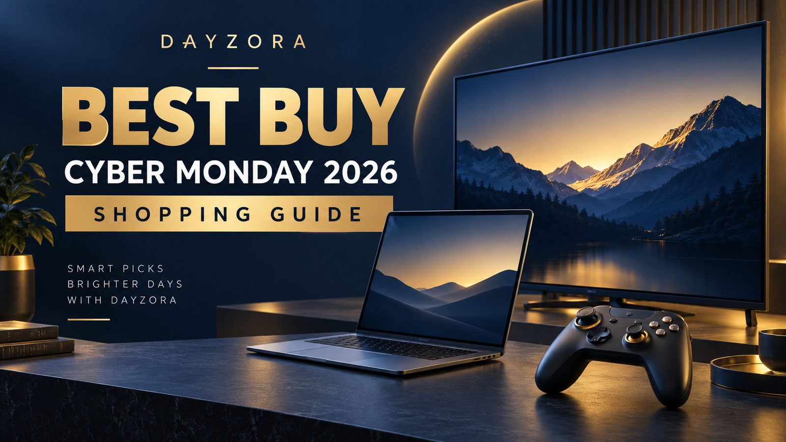 Illustrated laptop, television, headphones and game controller on a navy DayZora shopping guide.