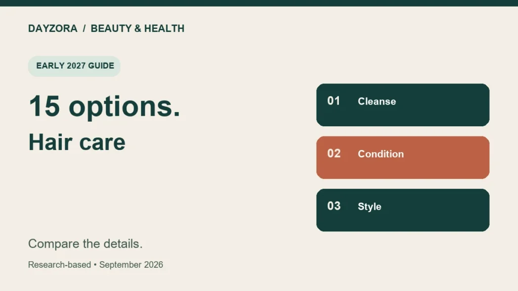 DayZora editorial graphic: hair care, with cleanse, condition, style comparison criteria