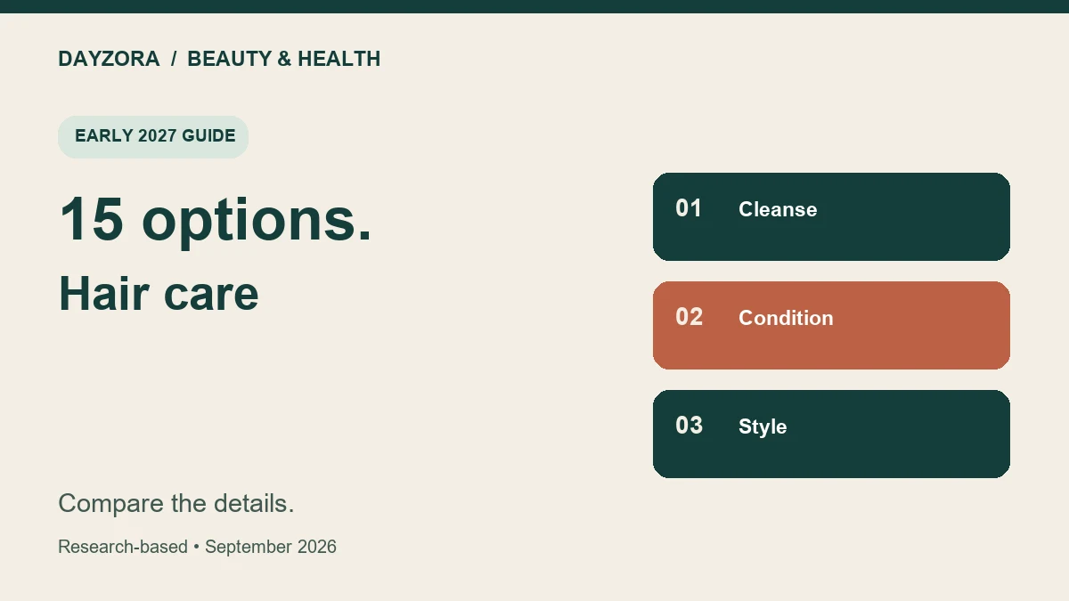 DayZora editorial graphic: hair care, with cleanse, condition, style comparison criteria