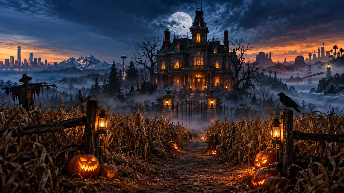 Editorial Halloween scene with a haunted mansion, cornfield path and American city landmarks