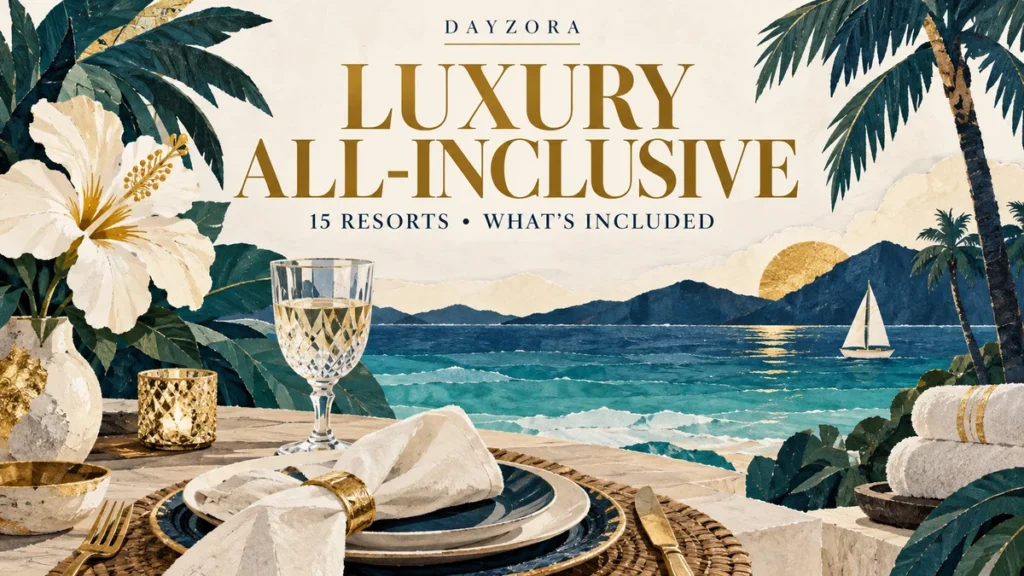 Illustrated tropical dinner setting with a sailboat, flowers and spa towels