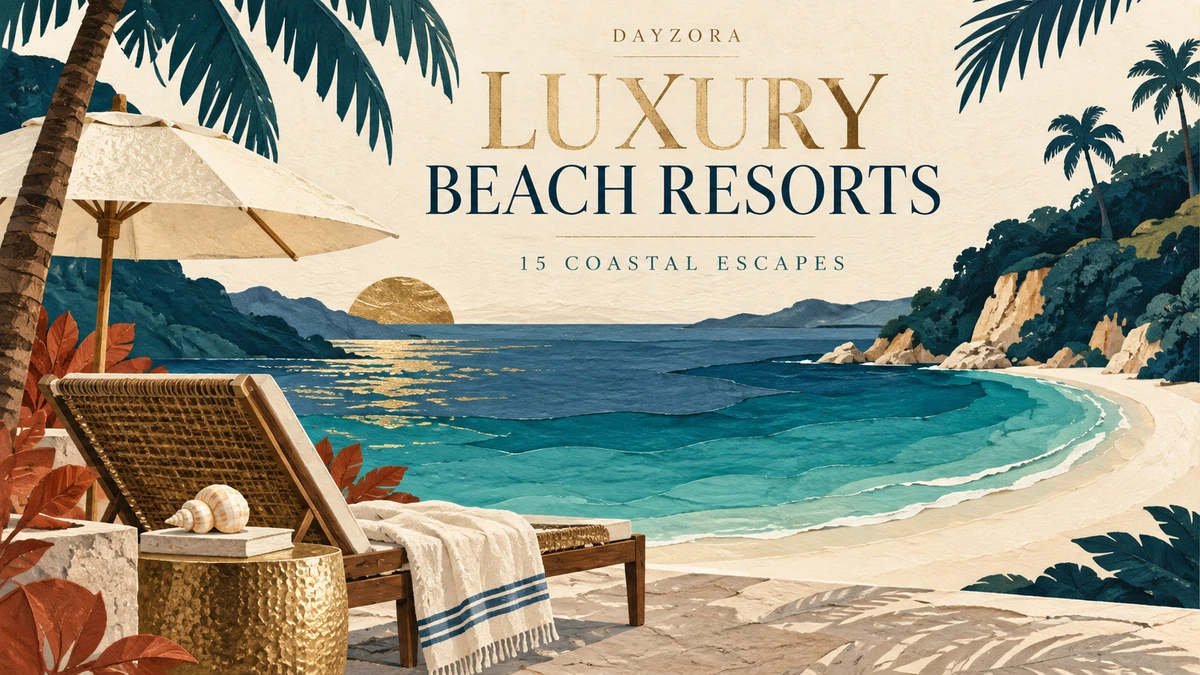 Illustrated beach umbrella, woven lounge chair, palms and turquoise bay
