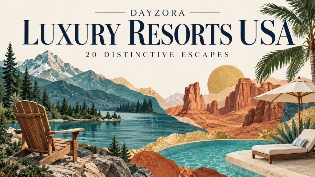 Illustrated mountain lake, desert, palm and lounge chair