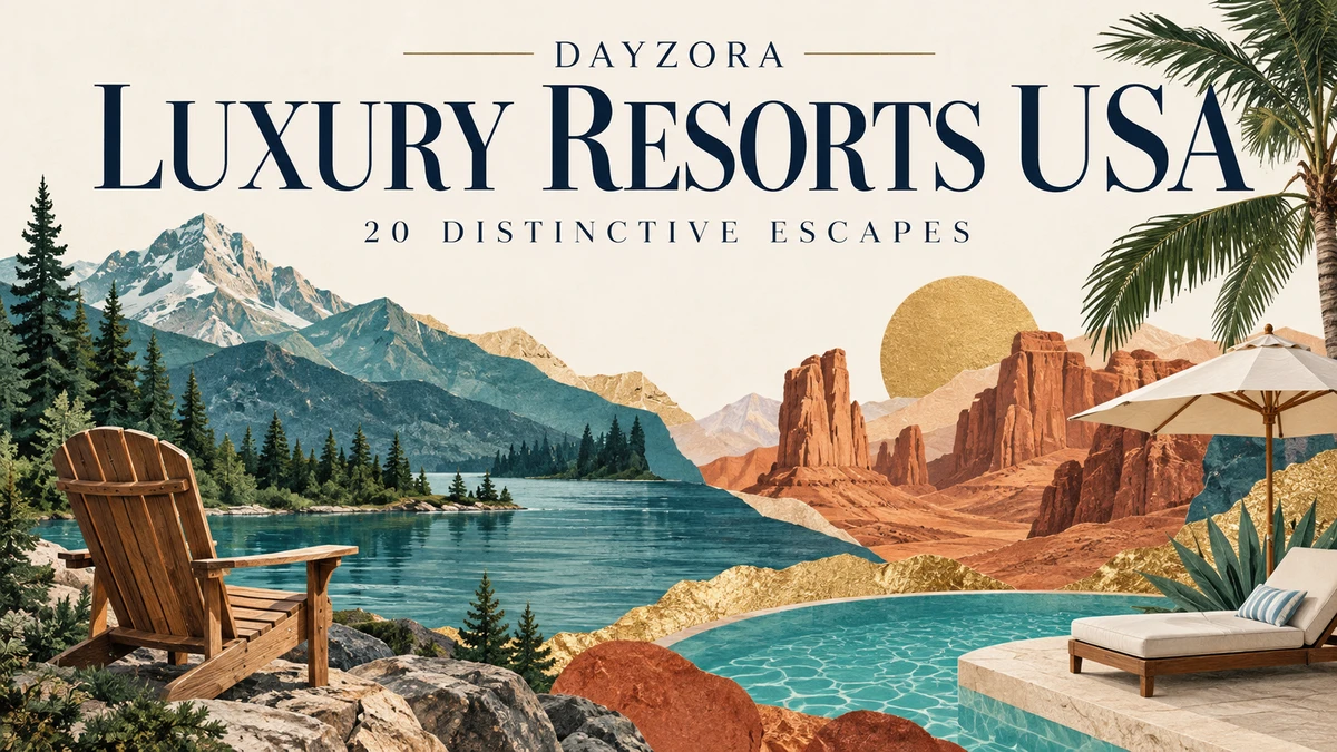 Illustrated mountain lake, desert, palm and lounge chair