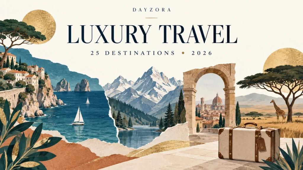 Illustrated collage of coast, mountains, a city arch, safari trees and a suitcase