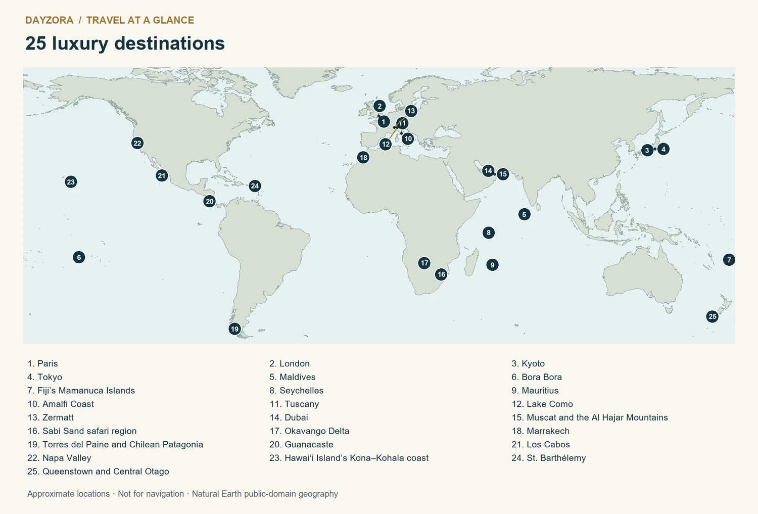 Geographic map with numbered locations for the 25 selections
