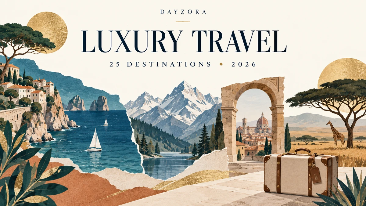 Illustrated collage of coast, mountains, a city arch, safari trees and a suitcase