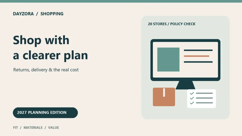 Editorial illustration of an online clothing comparison screen, parcel and return checklist