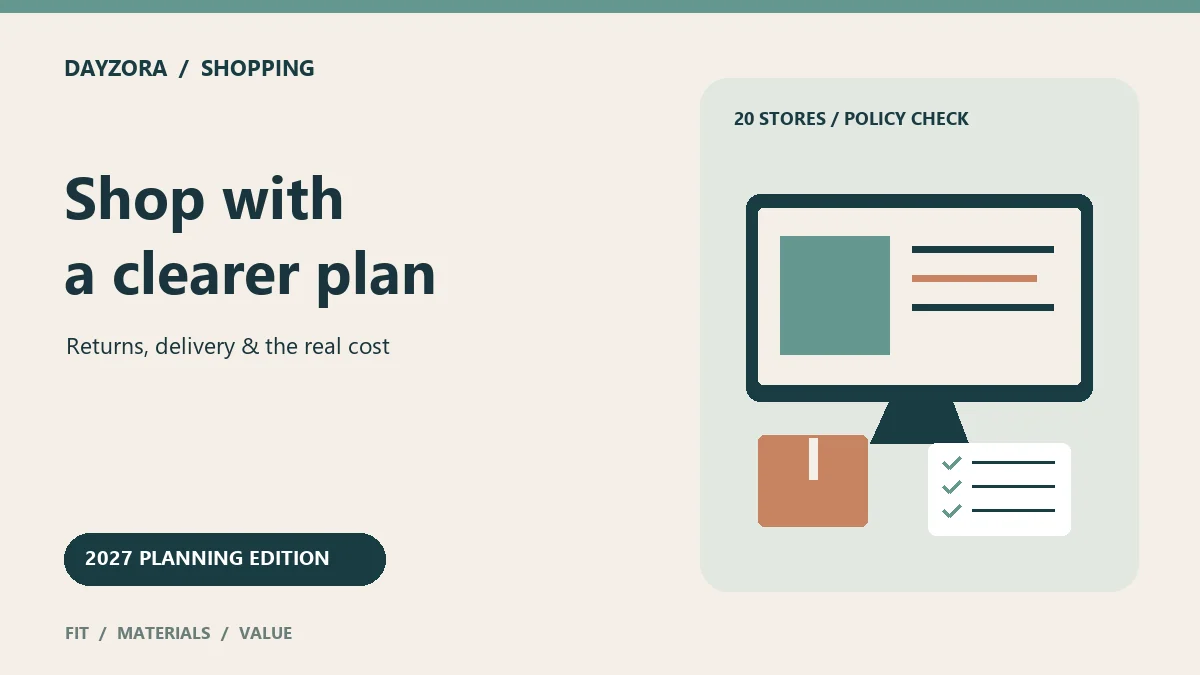 Editorial illustration of an online clothing comparison screen, parcel and return checklist
