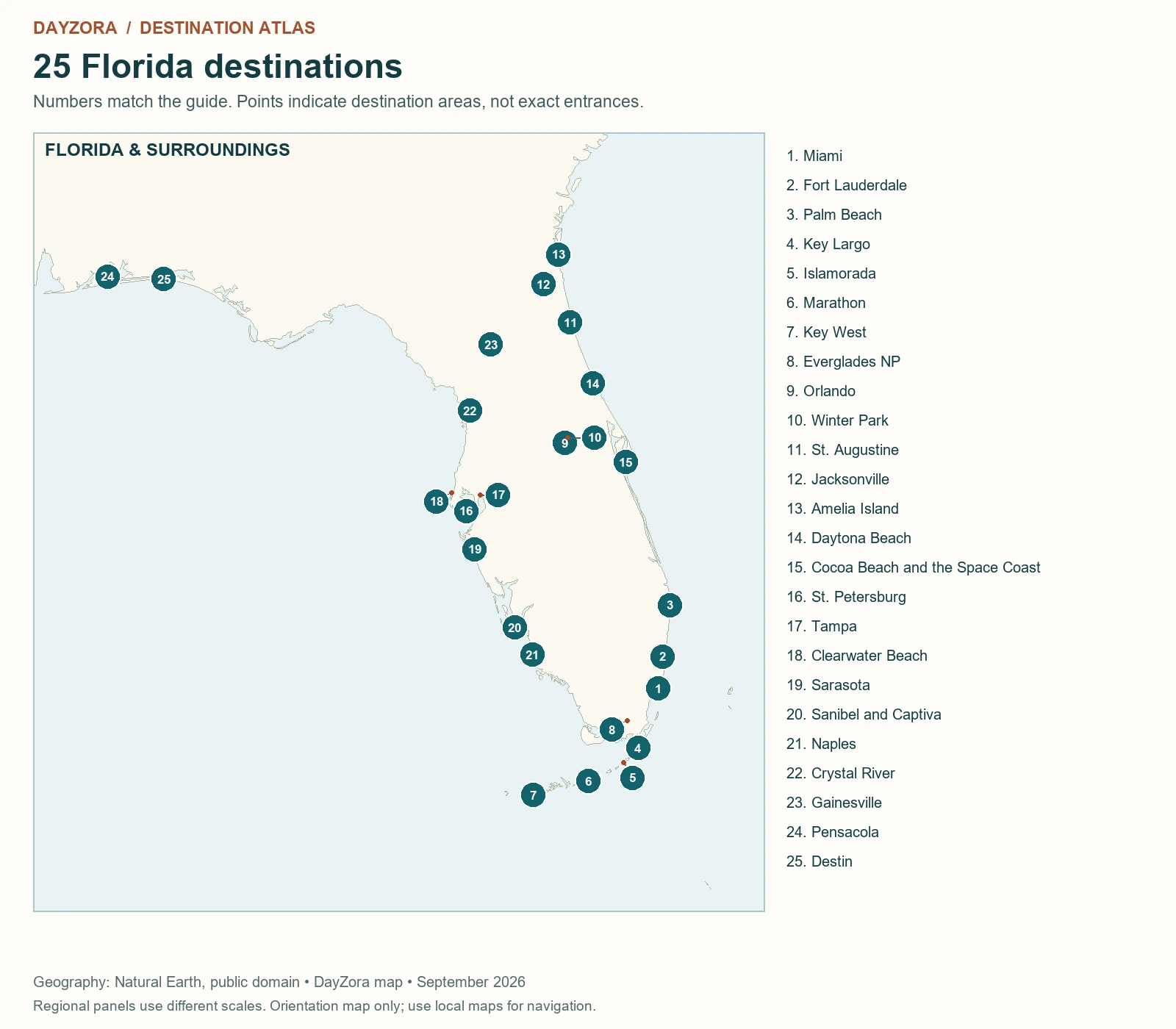 Geographic map of all 25 selected florida destinations, numbered to match the comparison table and guide