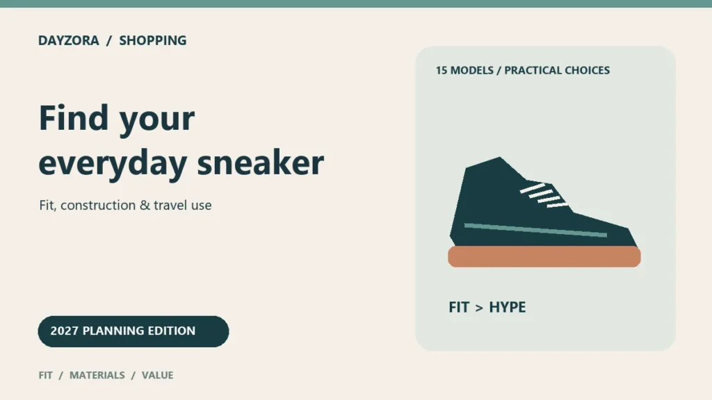 Generic illustrated sneakers with material and fit comparison cards; not photographs of named products