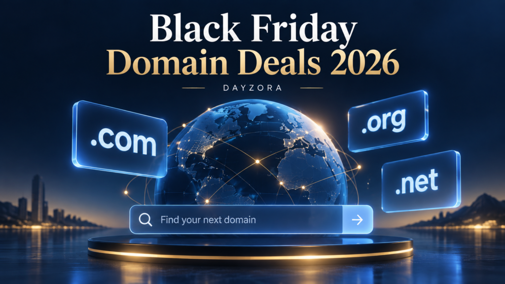 Black Friday domain deals 2026 with .com, .org and .net tiles around a globe