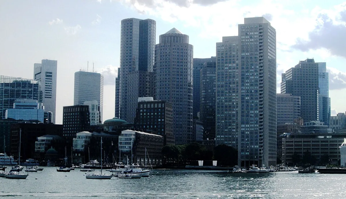 Boston waterfront buildings seen across the harbor