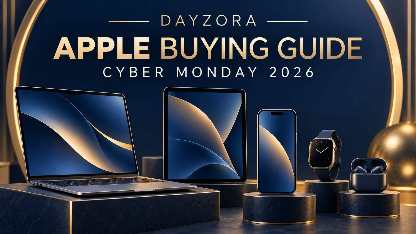 Illustrated phone, tablet, laptop, watch and earbuds arranged on a navy DayZora guide.