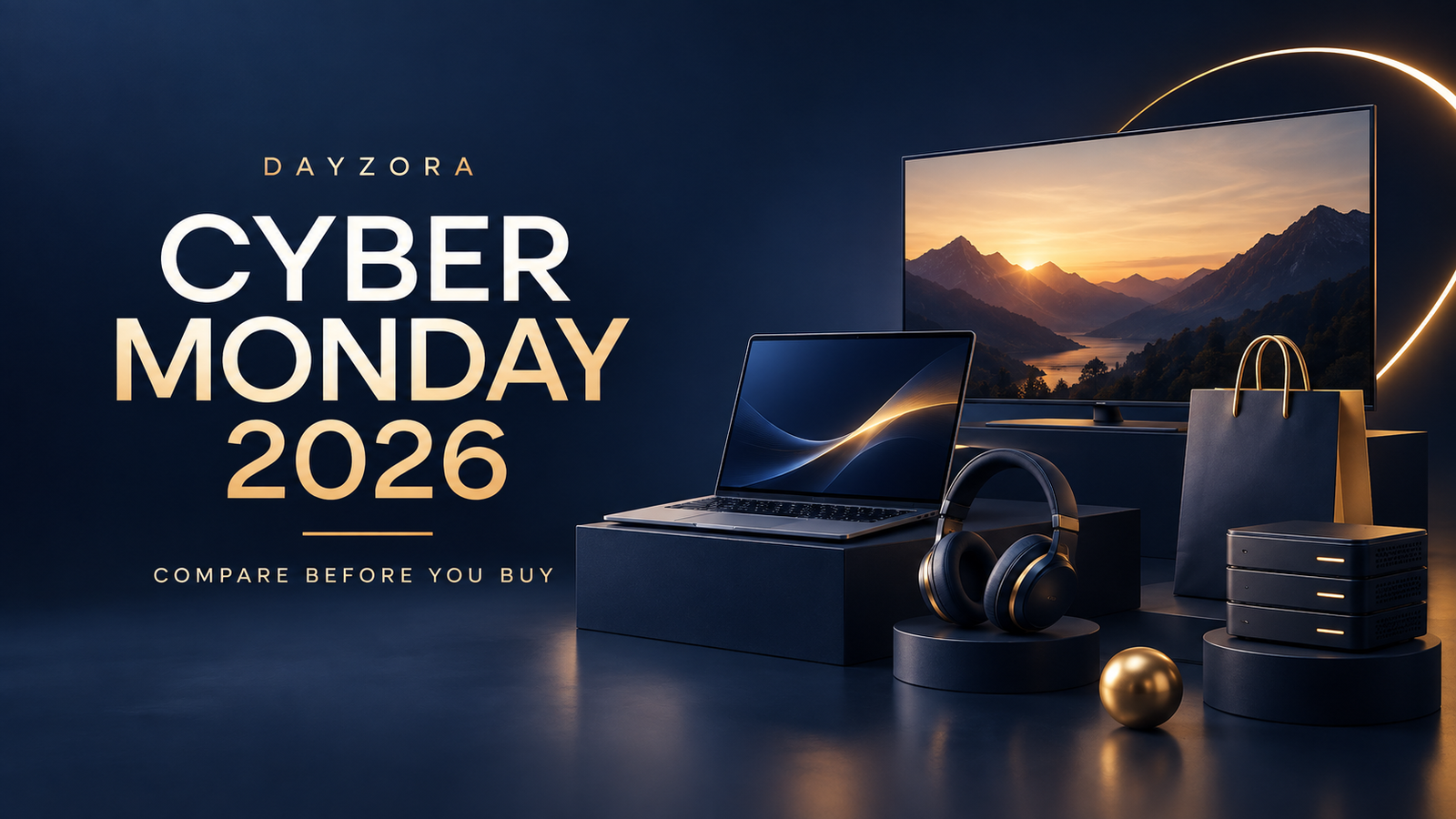 DayZora Cyber Monday 2026: compare before you buy, with illustrated laptop, television, headphones and shopping bag.