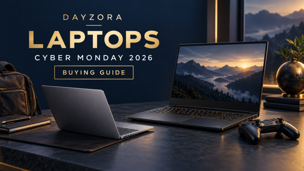 Illustrated laptops and specification comparison cards on a navy DayZora guide.