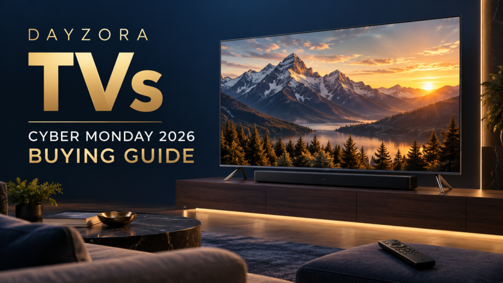 Illustrated television with a mountain landscape and screen-size comparison outlines.