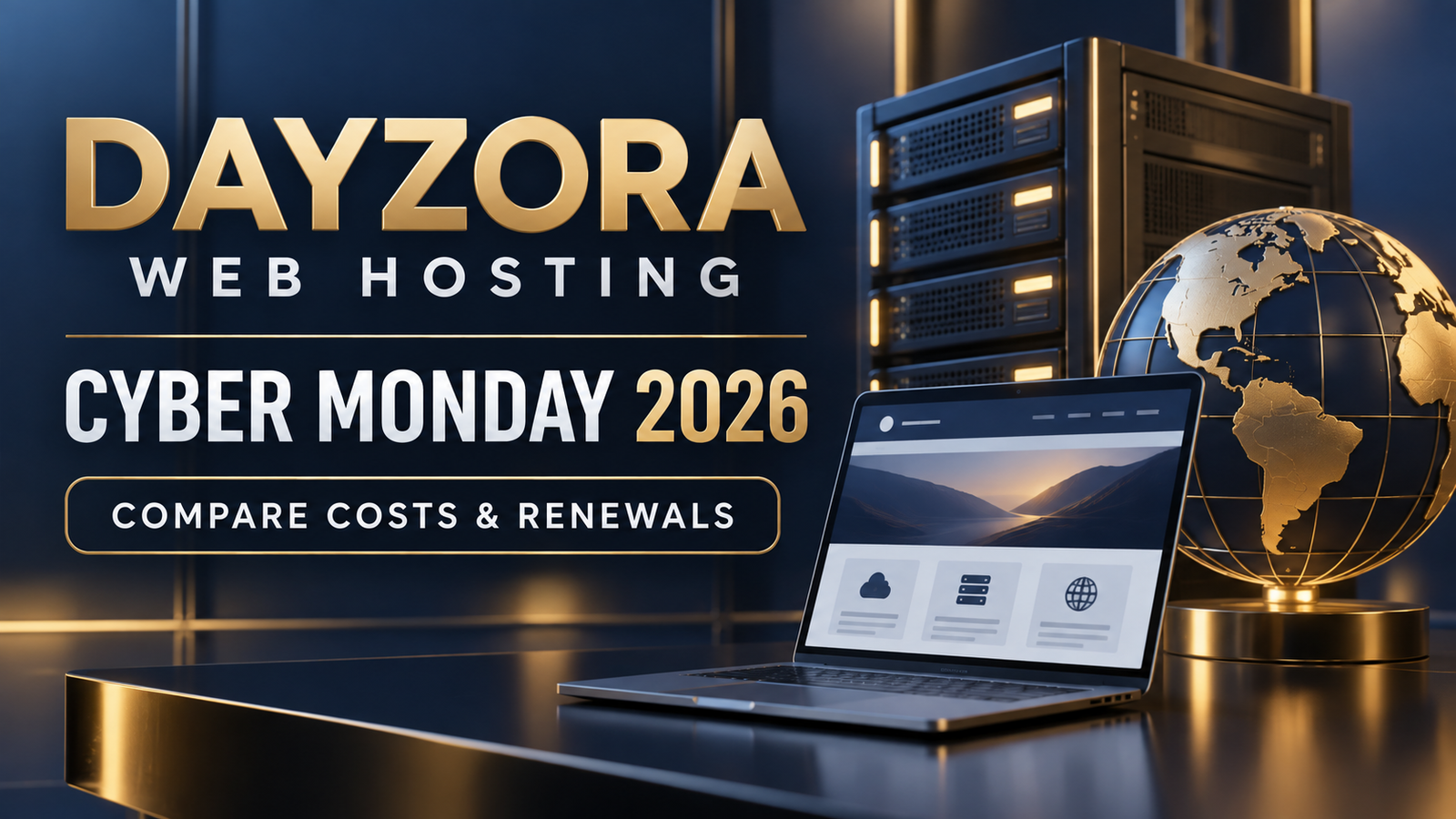 Illustrated server racks, domain cards and a hosting cost comparison on a navy background.
