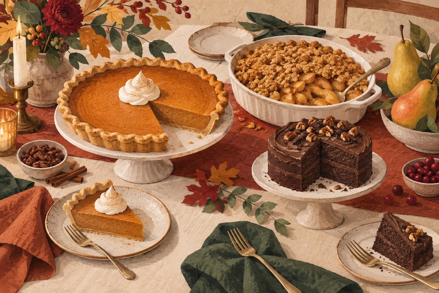 Illustration of pumpkin pie, apple crumble and chocolate cake on an autumn dessert table