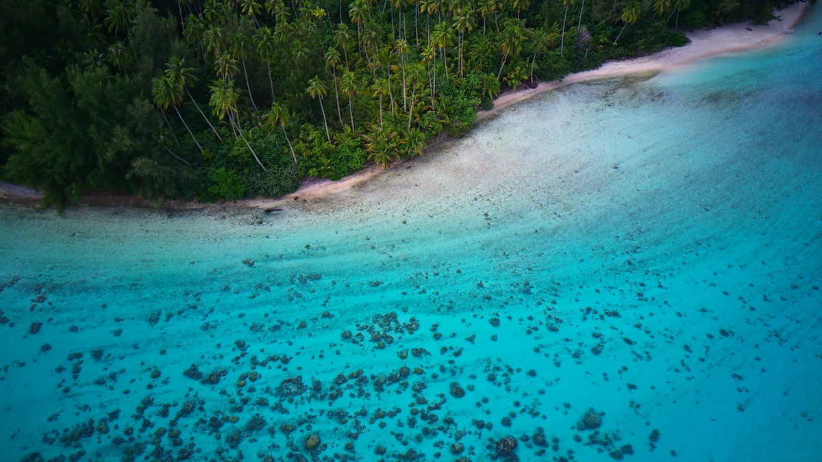Aerial view of Moorea’s lagoon and Motu Fareona in French Polynesia