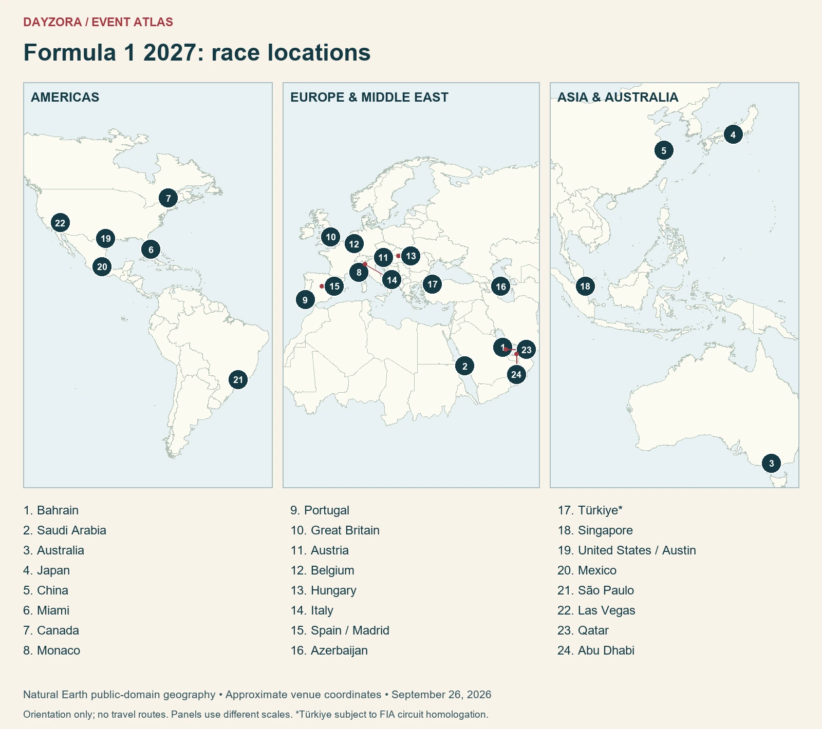 Formula 1 2027: race locations geographic orientation map
