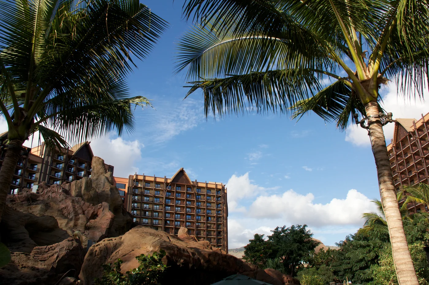 Aulani resort tower viewed from the pool area in Ko Olina