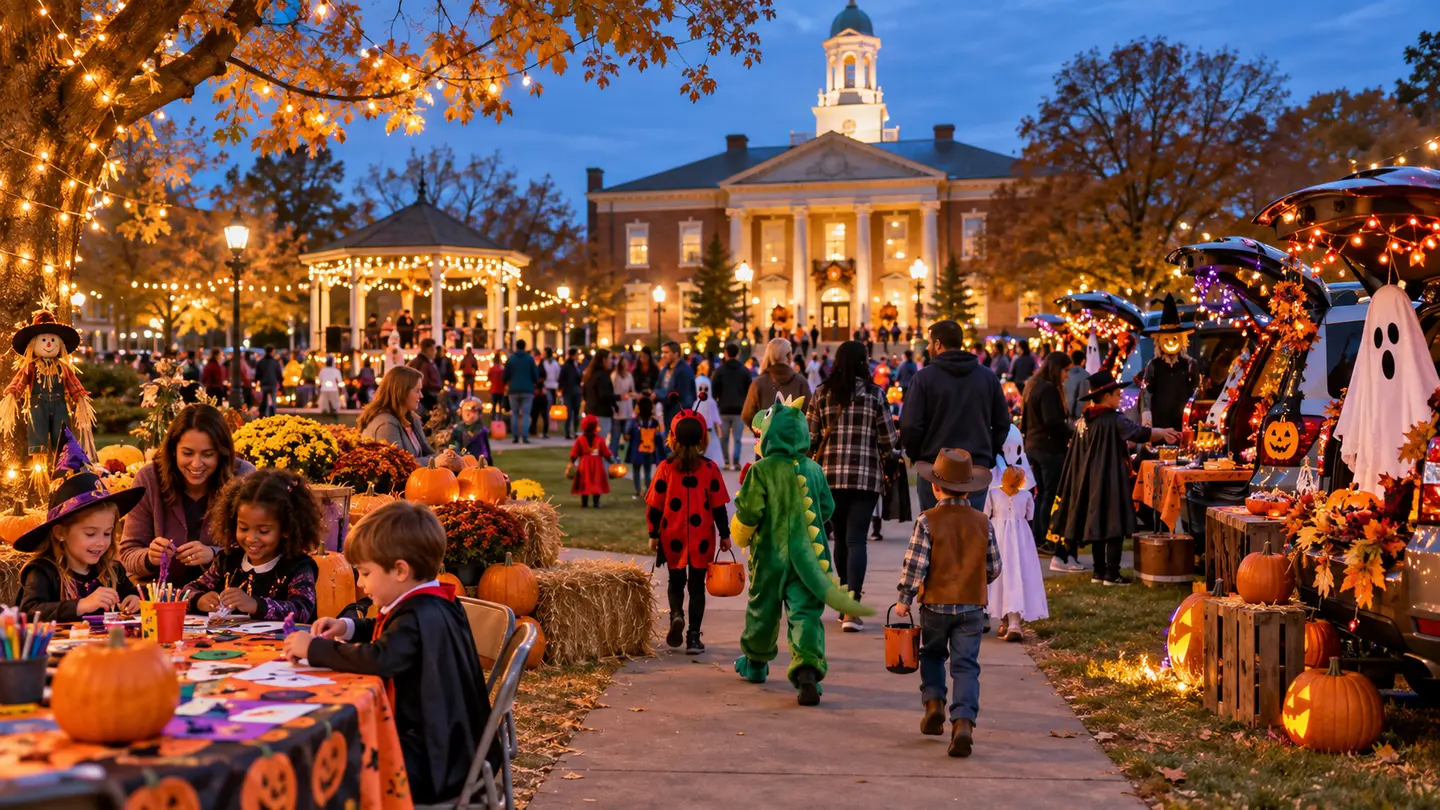 Free community Halloween celebration with families, crafts, decorated cars and a town square