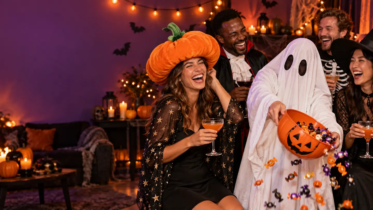 Friends laughing together at a playful Halloween costume party