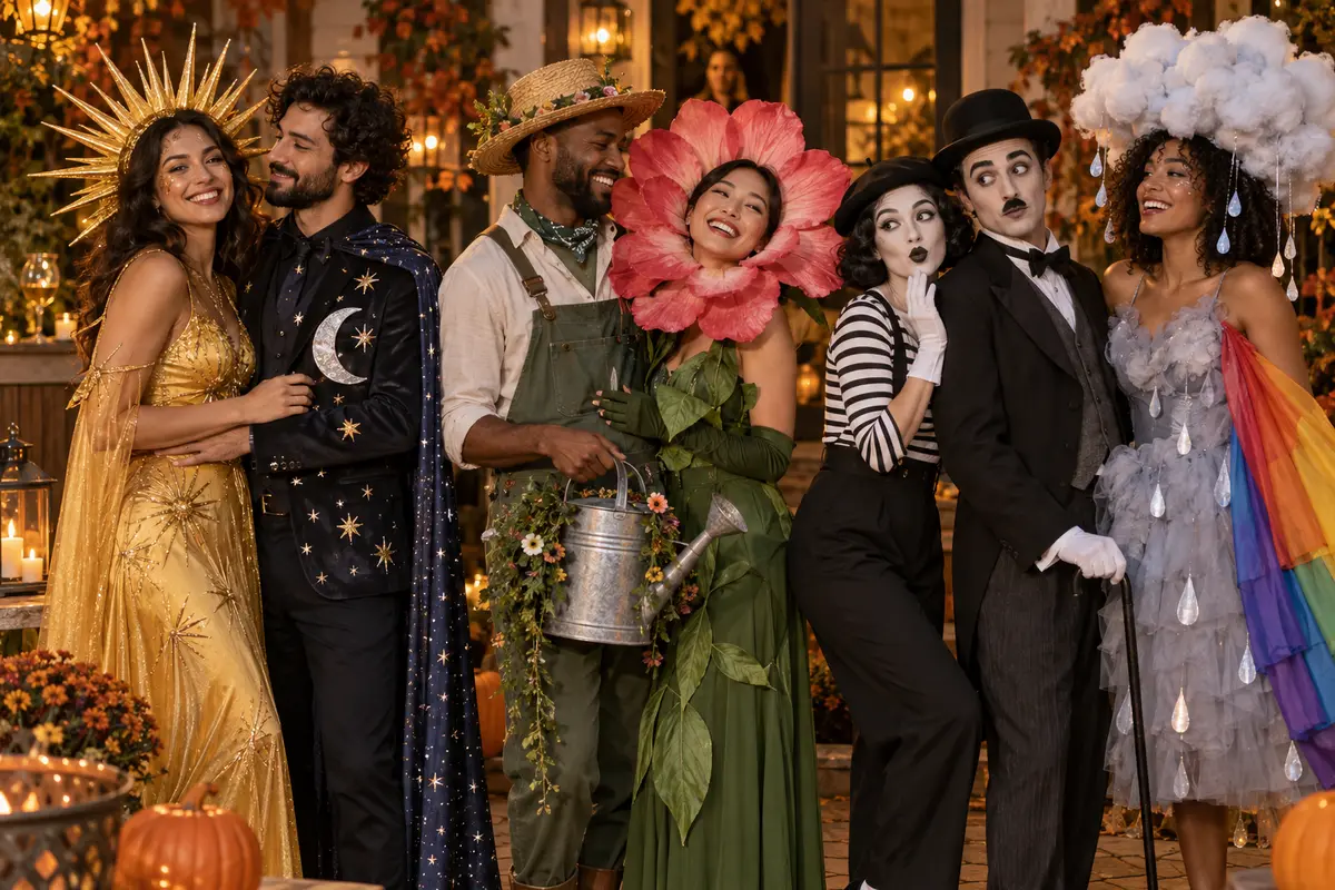 Adults wearing coordinated sun, moon, flower, gardener and weather costumes