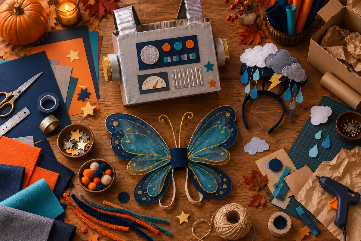 DIY Halloween costume supplies with handmade robot, wings and weather headband