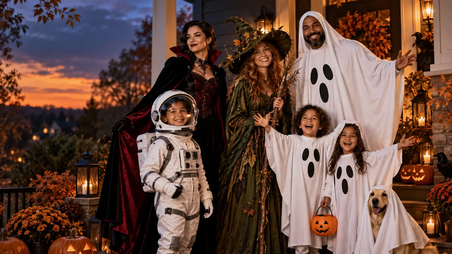 Adults and children wearing original Halloween costumes on an autumn porch