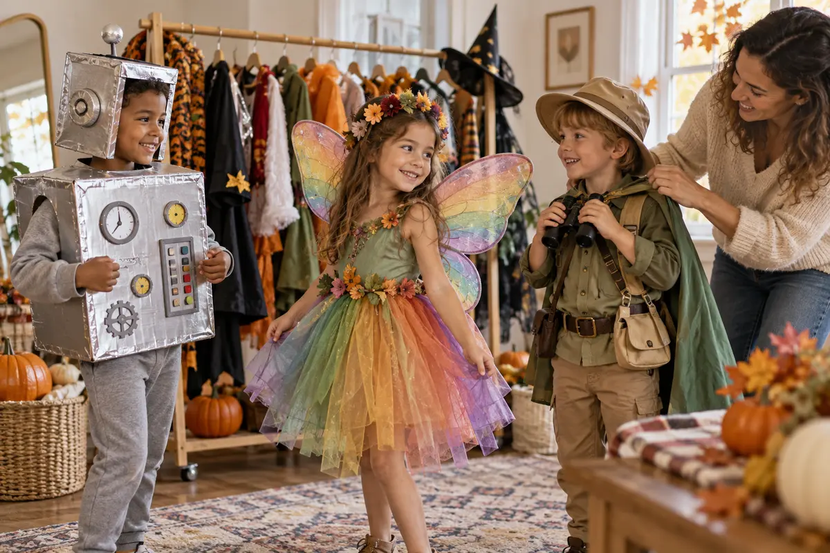 Children trying friendly robot, fairy and explorer costume ideas