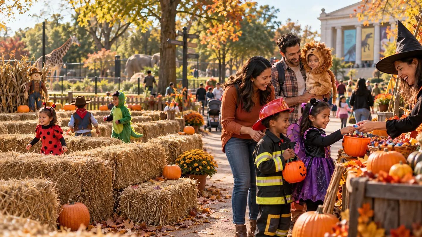 Families and children enjoying a friendly daytime Halloween festival with pumpkins and costumes