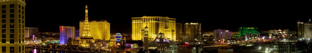 Panoramic view of the Las Vegas Strip illuminated at night