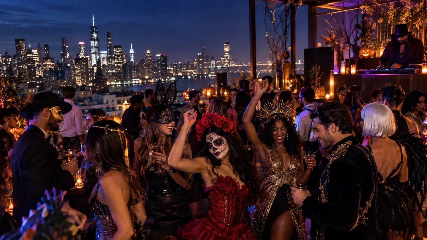 Adults in creative costumes dancing at an elegant Halloween rooftop party with a city skyline