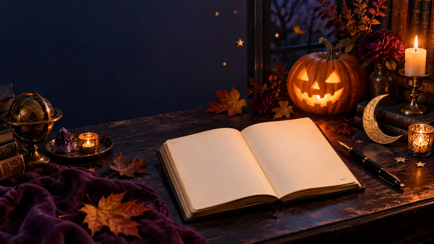Blank notebook, fountain pen and glowing pumpkin arranged for Halloween quote writing