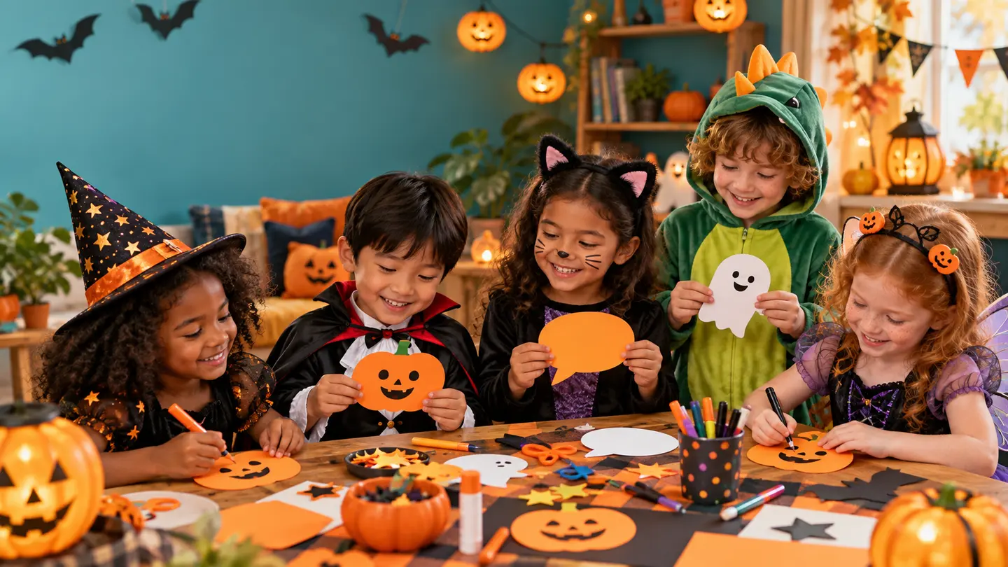 Children in friendly costumes making blank Halloween quote cards at a craft table