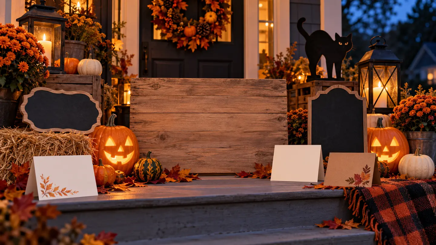 Blank Halloween porch signs and greeting cards surrounded by pumpkins and lanterns