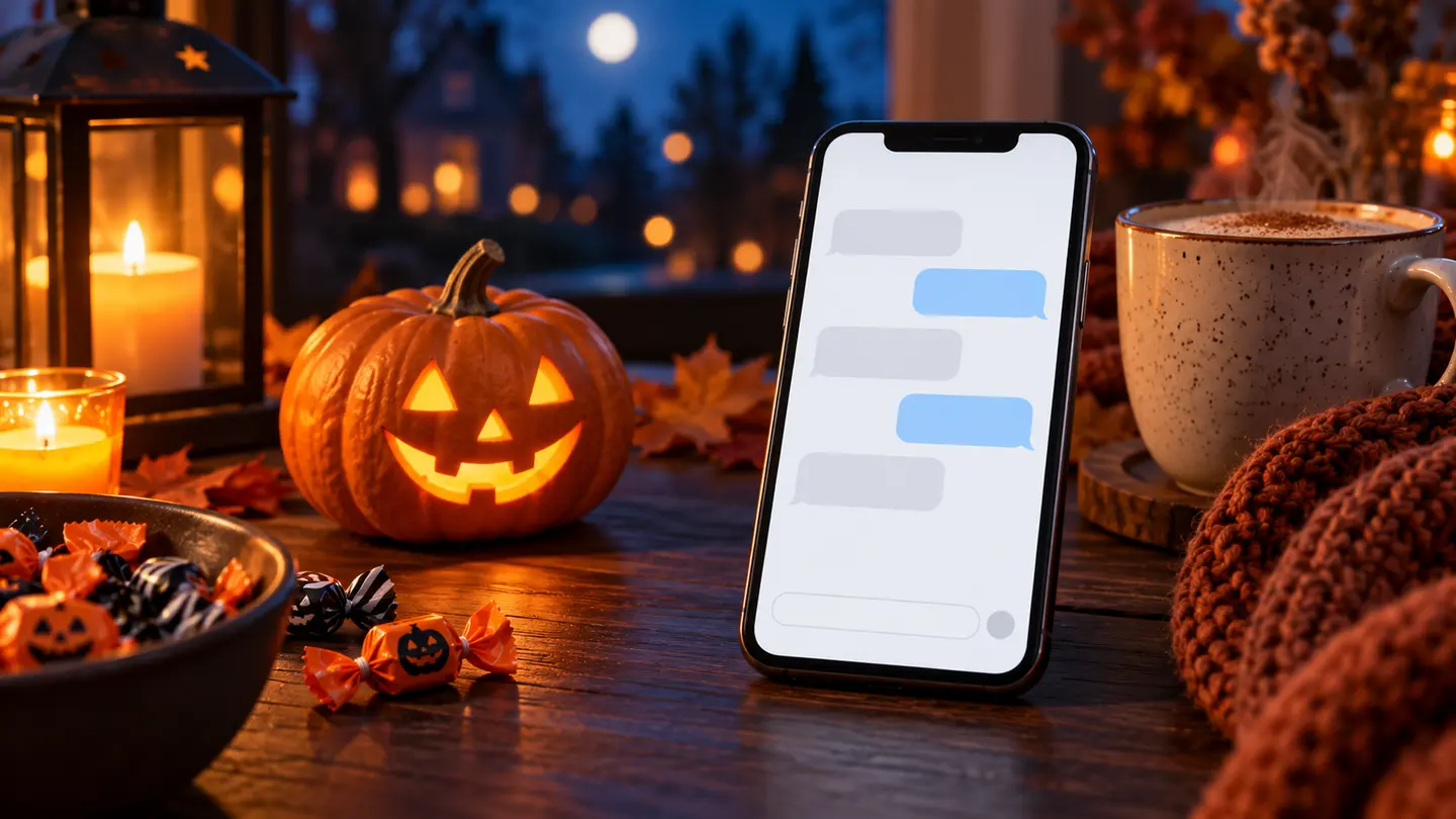 Smartphone with blank message bubbles beside a pumpkin, candy and warm drink