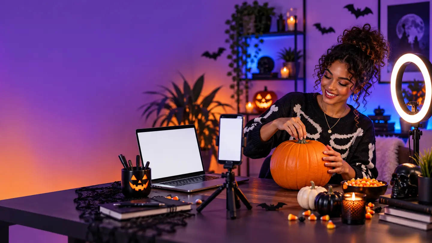 Content creator preparing a Halloween social media setup with phone, laptop and pumpkin