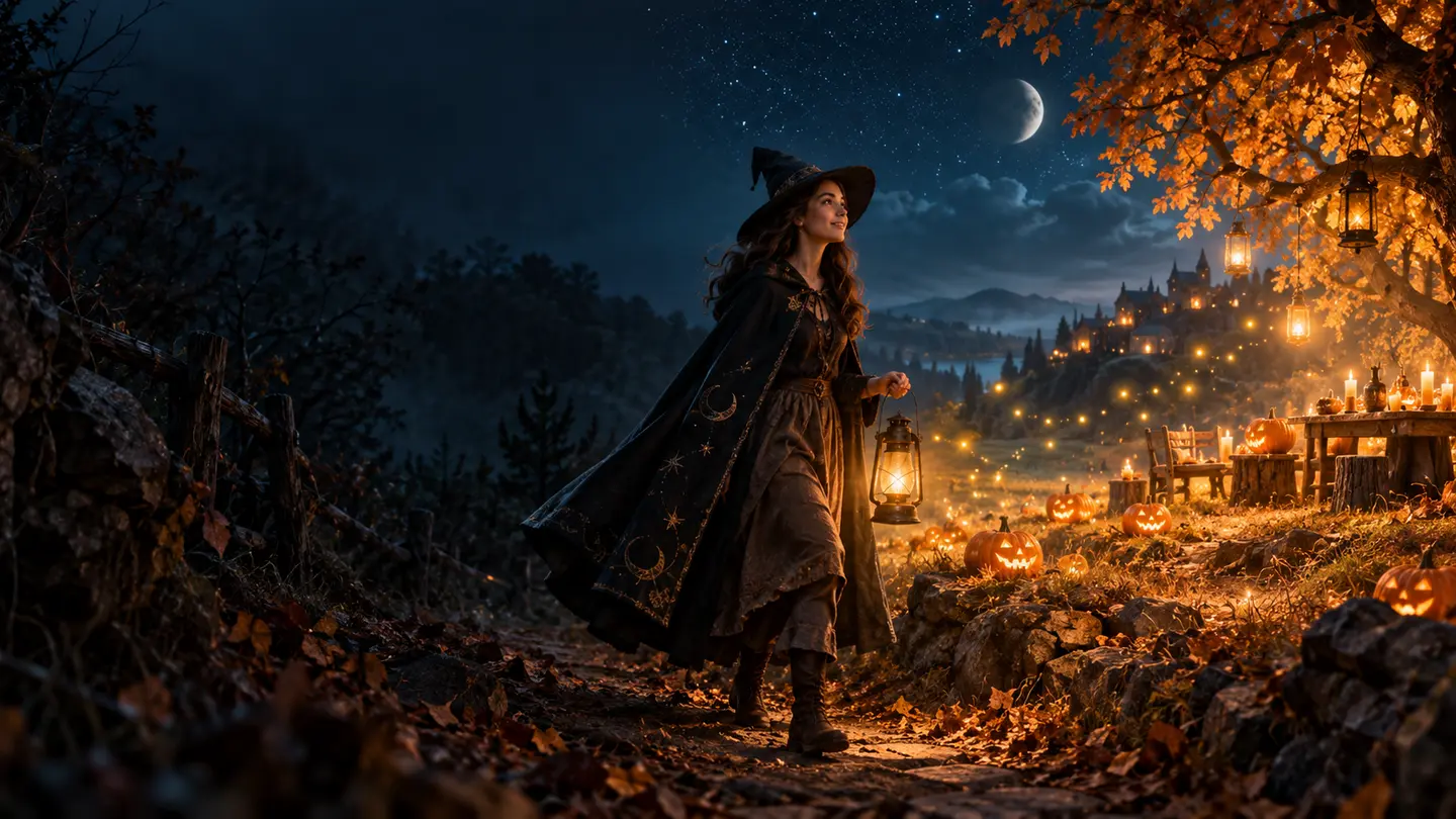 Person carrying a lantern from a shadowy path toward warm Halloween lights