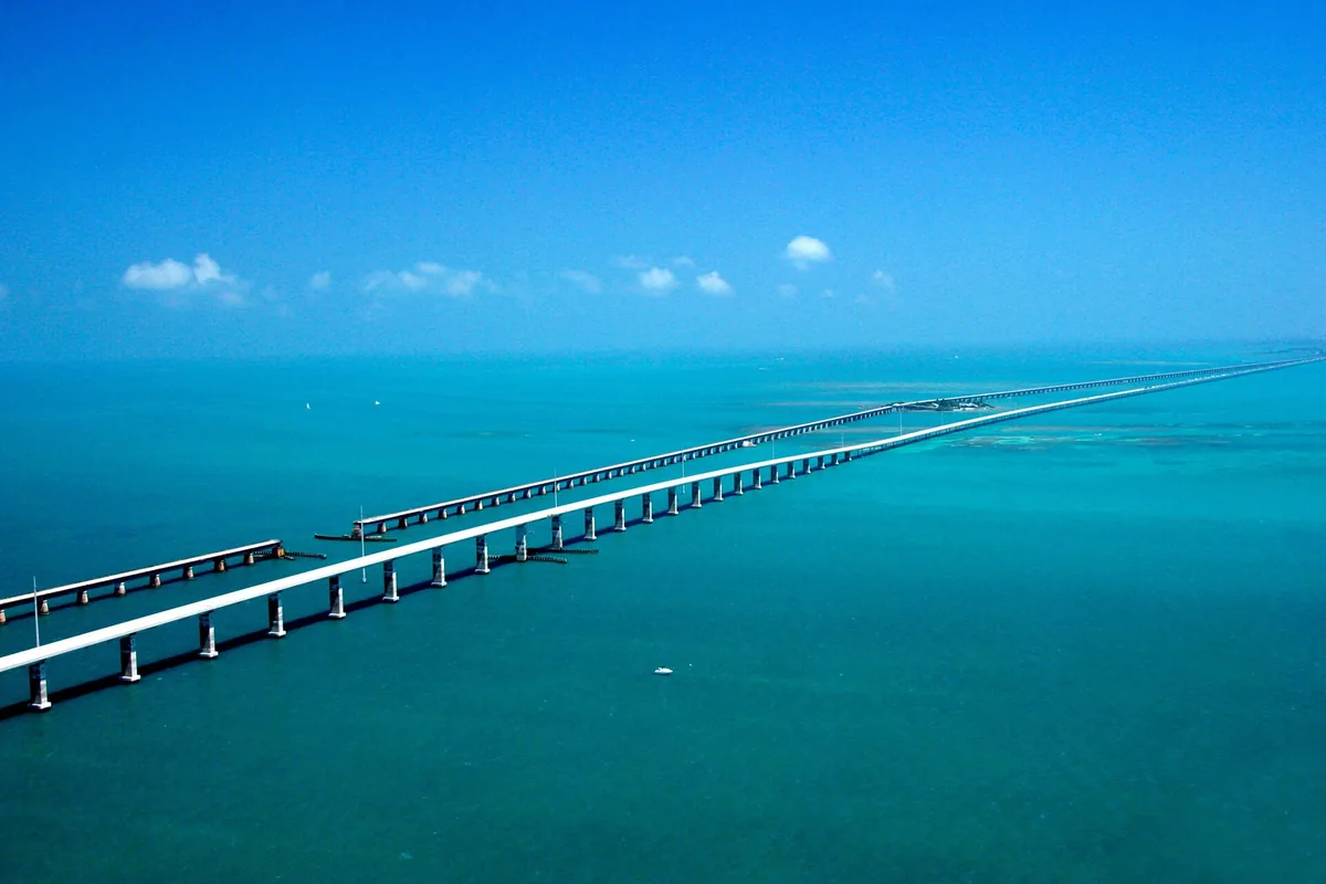 Aerial view of Seven Mile Bridge and the parallel historic bridge in the Florida Keys